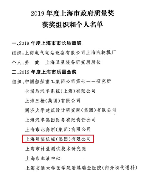 上海熊貓機械集團喜獲“2019年度上海市質(zhì)量金獎” 上海熊貓機械集團喜獲“2019年度上海市質(zhì)量金獎”