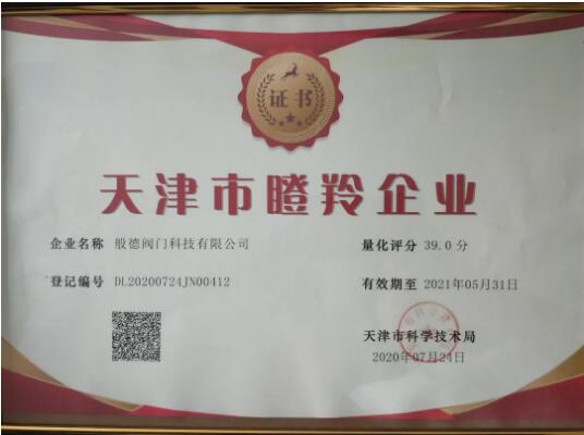 般德閥門獲“天津市瞪羚企業(yè)”榮譽證書! 般德閥門獲“天津市瞪羚企業(yè)”榮譽證書!